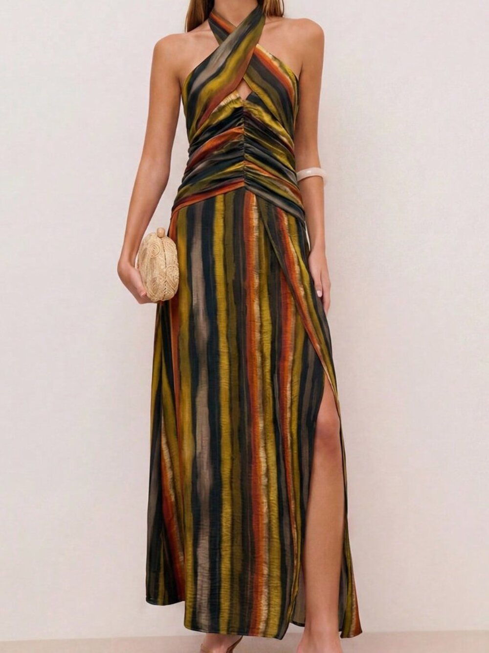 Brown Sexy Women's Backless Knot Halter Striped Midi Dress